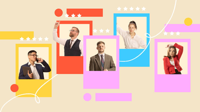Contemporary art collage. Vibrant layout of candidates showcases diverse skills and experiences, designed to streamline hiring process. Concept of job, employee recruitment process, career growth.