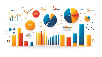 A vector business analysis graph, featuring a combination of pie charts and bar graphs on a minimalist white background, designed for data visualization.