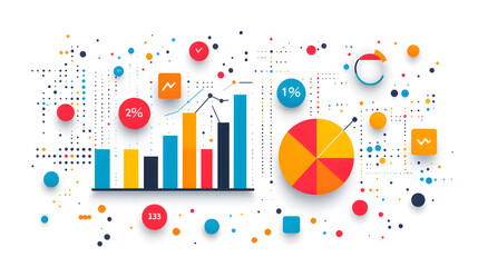 Obraz premium A minimalist vector illustration of a business data graph, featuring pie charts and line graphs on a white background, designed for clear data presentation.