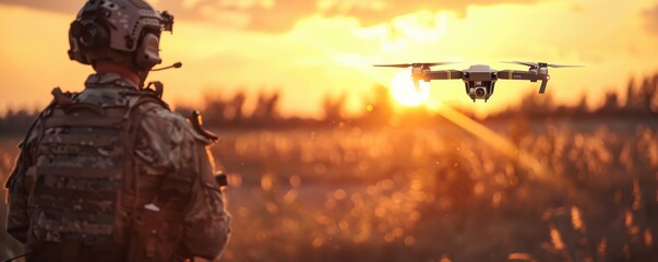 Soldier operating a drone in a tactical combat scenario with sparks flying.