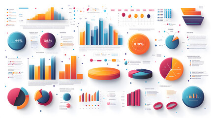 A vector infographic showing business analysis with colorful bar graphs and pie charts on a plain white background, highlighting data clarity.