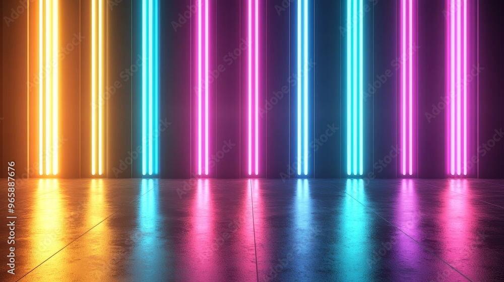 Poster an abstract background with neon rays and glowing lines in a 3d render.