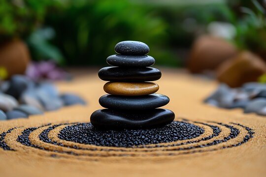 Spiritual energy flowing like water in a quiet Zen garden where rocks and raked sand create an oasis of calm