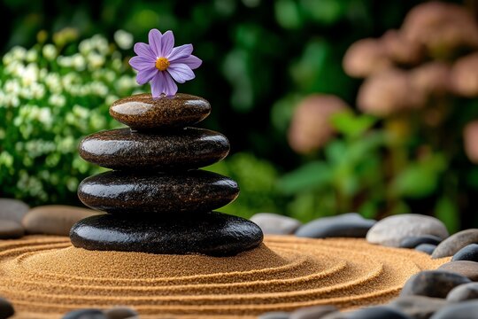 Spiritual energy flowing like water in a quiet Zen garden where rocks and raked sand create an oasis of calm