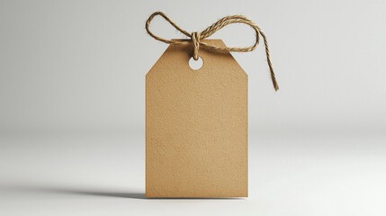 A blank brown tag with a rope tie, ideal for labeling, gifts, or crafting projects in a clean, minimalist setting.