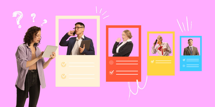 Contemporary art collage. Candidate profiles reviewed with thoughtful approach, showcasing unique personalities and potential in HR evaluation process. Concept of job candidate selection, career.