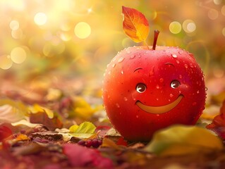 Cheerful Smiling Red Apple in Cozy Autumn Orchard Setting