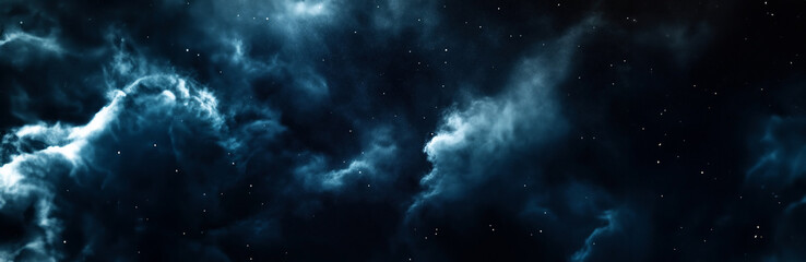 Fototapeta premium Abstract image of a deep space nebula with interstellar clouds of gas and dust, surrounded by stars in a dark blue and black cosmic background.