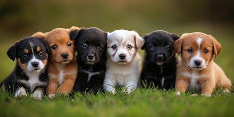 Obraz premium A group of puppies are sitting in a field, with some of them being brown and white. The puppies are all looking at the camera, and they seem to be enjoying the moment