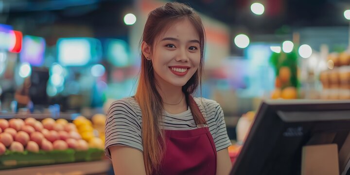 A woman is smiling at the camera in a grocery store. She is wearing a red apron and a striped shirt