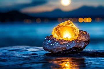 Spiritual energy radiating from a crystal, glowing softly as it reflects the moonlight, filling the space with calm and clarity