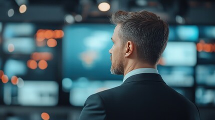 A Dedicated Meteorologist Analyzing Weather Patterns in a Modern Broadcast Studio Environment