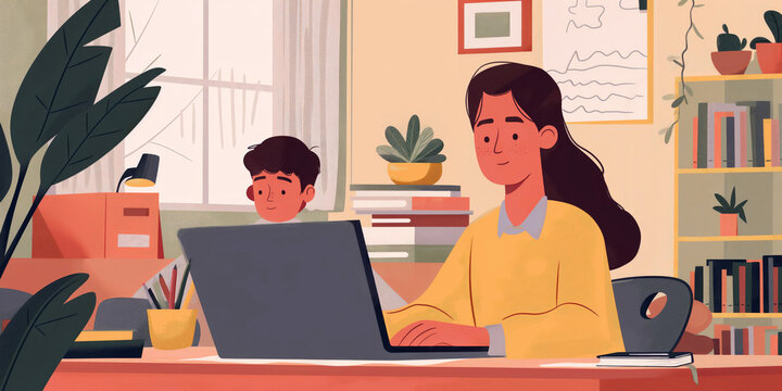 Child attending an online class from home, with a laptop on a desk, surrounded by educational materials and a concerned parent in the background.