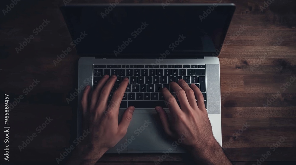 Poster hands typing on a macbook keyboard at night, illuminated by screen light in a cozy workspace setting