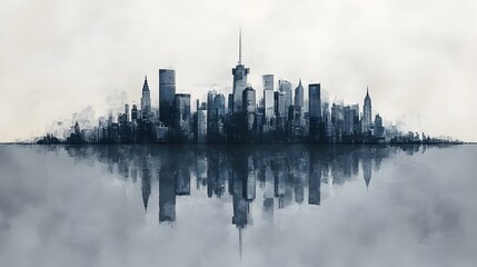 Naklejka premium Minimalist Metallic City Skyline Reflection in Slate Gray Backdrop