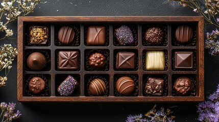 An elegant assortment of handcrafted chocolates displayed in a wooden box, surrounded by delicate flowers.