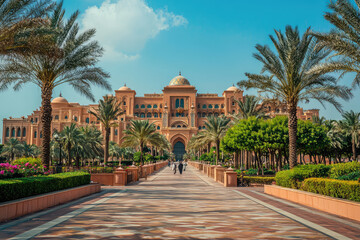 Emirates Palace features stunning golden facade surrounded by lush palm trees and vibrant gardens, creating luxurious atmosphere. Visitors stroll along pathway, enjoying beautiful architecture and se