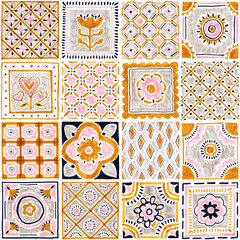 Multicolored tile seamless pattern. Handwork with markers on paper. Bohemian print for textiles. Gold, pink and black elements on a white background. Isolated square elements. Cute clip art.