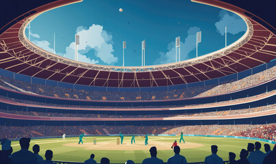 A cricket match is underway in a large stadium on a sunny day