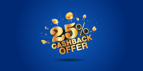 Money ruppes coins with 25% cashback offer logo design. 3d vector illustration.