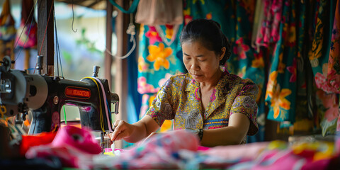 Seamstress working on a sewing machine, with colorful fabric and threads surrounding her workspace.