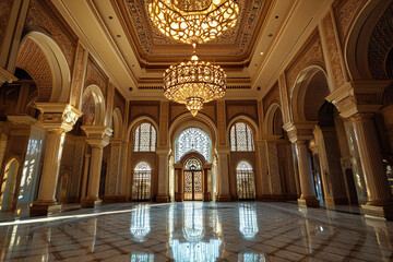 Fototapeta premium stunning interior of Qasr Al Watan Palace showcases intricate architecture and elegant chandeliers, reflecting blend of cultural heritage and modern design