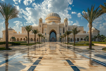Qasr Al Watan Presidential Palace in Abu Dhabi showcases stunning architecture and beautiful landscaping, reflecting grandeur of UAEs cultural heritage
