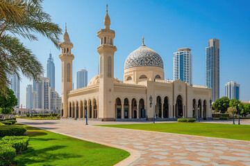 Sharjah Heritage Area features stunning traditional architecture, showcasing intricate designs and beautiful domes against backdrop of modern skyscrapers. This blend of old and new creates captivatin
