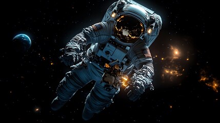 Fototapeta premium Space station orbiting Earth with a satellite nearby and an astronaut floating in space, all set against a black backdrop. 3D realistic rendering captures the futuristic design and detailed elements