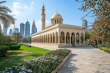 Sharjah Heritage Area features traditional architecture surrounded by modern skyscrapers, showcasing beautiful blend of history and contemporary design. lush greenery and vibrant flowers enhance sere
