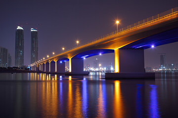 Fototapeta premium Sheikh Zayed Bridge illuminated at night showcases stunning architecture and vibrant reflections on water, creating captivating urban scene