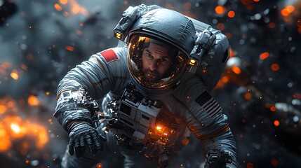 Close-up of a space station with a satellite and astronaut working in the vicinity, all set against a black space theme. 3D realistic rendering captures the sophisticated technology and detailed