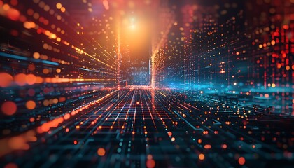 Futuristic concept artwork with digital grids and holographic effects, perfect for a modern presentation slide.