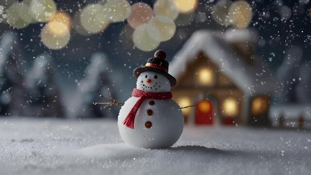 A snowman with a scarf and hat on the snow during winter. Seamless 4K looping timelapse video animation background