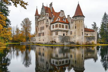 Fototapeta premium A traditional castle surrounded by serene moat reflects beautifully in calm water, framed by autumn foliage. scene evokes sense of history and tranquility