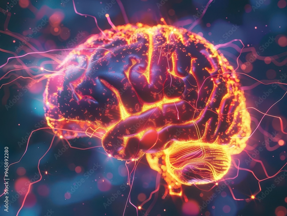 Poster 3d render of glowing human brain with interconnected neurons vibrant colors highlight neural pathway