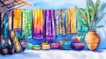 Exotic marketplace, colorful fabrics and deep shadows, Watercolor style