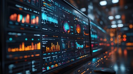 Detailed view of a computer screen filled with colorful graphs and data analysis tools. 3D rendering captures the technological aspect of the workspace, showcasing the computer in a powered state