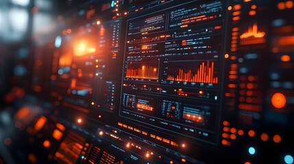 Obraz premium Computer with detailed data analysis graphics and resources, set against a simple background. 3D rendering showcases the active, powered-on computer with a focus on the intricate details of the data