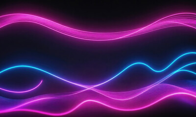 Pink and blue neon lines create a wavy pattern against a dark background