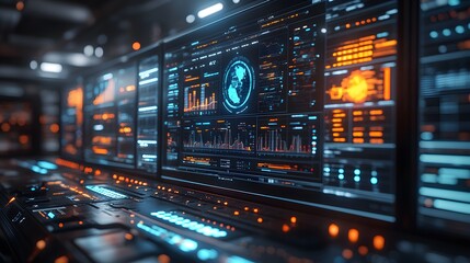 Naklejka premium Computer with detailed data analysis graphics and resources, set against a simple background. 3D rendering showcases the active, powered-on computer with a focus on the intricate details of the data