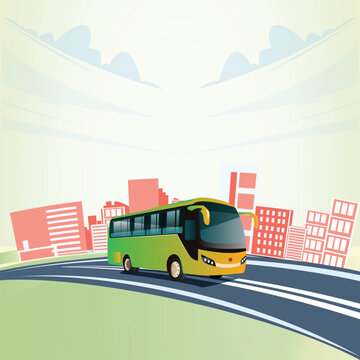 The bus rides along the city road against the background of houses