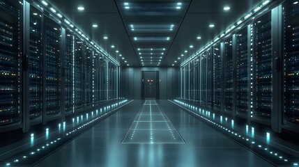 Fototapeta premium Server room with rows of servers and data racks, showcasing a professional environment for data analysis. 3D realistic rendering emphasizes the sleek, high-tech equipment and the organized layout.