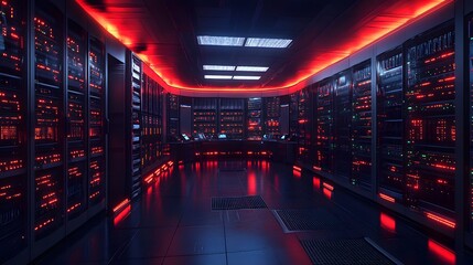 Server room featuring modern data servers and networking infrastructure, set up for professional data analysis tasks. 3D realistic rendering highlights the advanced technology and professional