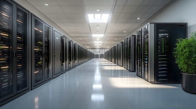 Professional server room with an array of data servers and storage systems, ideal for data analysis work. 3D realistic rendering portrays the sophisticated and clean setup of the server environment.