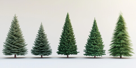 Obraz premium Realistic Christmas Trees of Different Sizes and Shapes on White Background