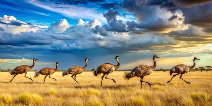 emus run wild open savannah vast skies sweeping landscape