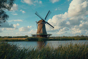 Fototapeta premium A traditional windmill stands majestically in Dutch countryside, surrounded by lush greenery and serene waterway. picturesque scene captures essence of rural tranquility and natural beauty