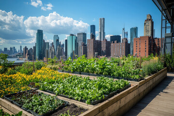 Fototapeta premium Urban garden on rooftop with vibrant city skyline, showcasing lush greenery and colorful flowers. This serene space blends nature with urban life, creating peaceful retreat