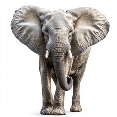 Powerful african elephant walking on white background